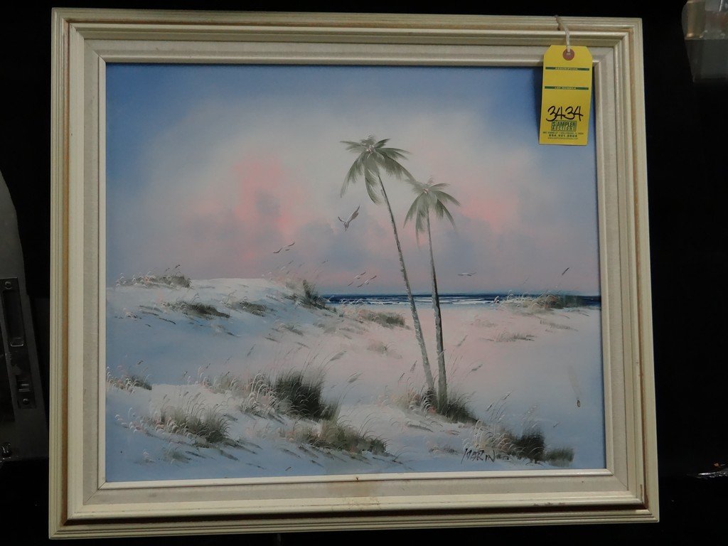 OIL ON CANVAS - OCEAN SCENE / SAND DUNES WITH TWO PALM: OIL ON CANVAS - OCEAN SCENE / SAND DUNES WITH TWO PALM TREES - SIGNED MARIN (BOTTOM RIGHT) - WHITE WOOD FRAME WITH GOLD INNER TRIM - SIZE WITHOUT FRAME 24''x20'' / SIZE WITH FRAME 28.5''x25.5'' (FRAME
