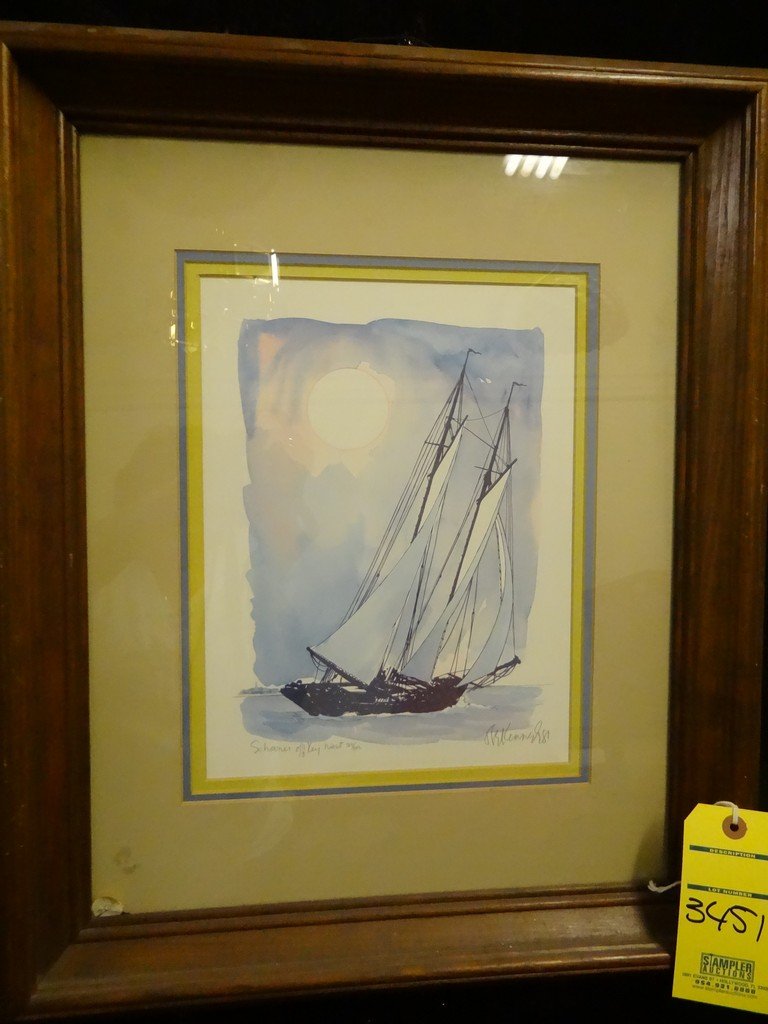 WATERCOLOR - SCHOONER OFF KEY WEST / SAIL BOAT /: WATERCOLOR - SCHOONER OFF KEY WEST / SAIL BOAT / PASTELS & BLUE HUES - SIGNED R.B. KENNEDY - NUMBERED 234/500 - WOOD FRAME WITH TRIPLE MAT - SIZE WITHOUT FRAME 10''x13'' / SIZE WITH FRAME 18.5''x23''