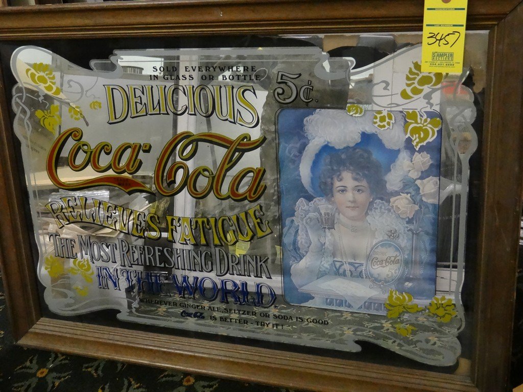 PAINT ON MIRROR - PAINTED MIRROR WITH COCA-COLA: PAINT ON MIRROR - PAINTED MIRROR WITH COCA-COLA ADVERTISEMENT & LADY - WOOD FRAME - SIZE WITH FRAME 40''x29'' (ART DAMAGED / FRAMED SCRATCHED)