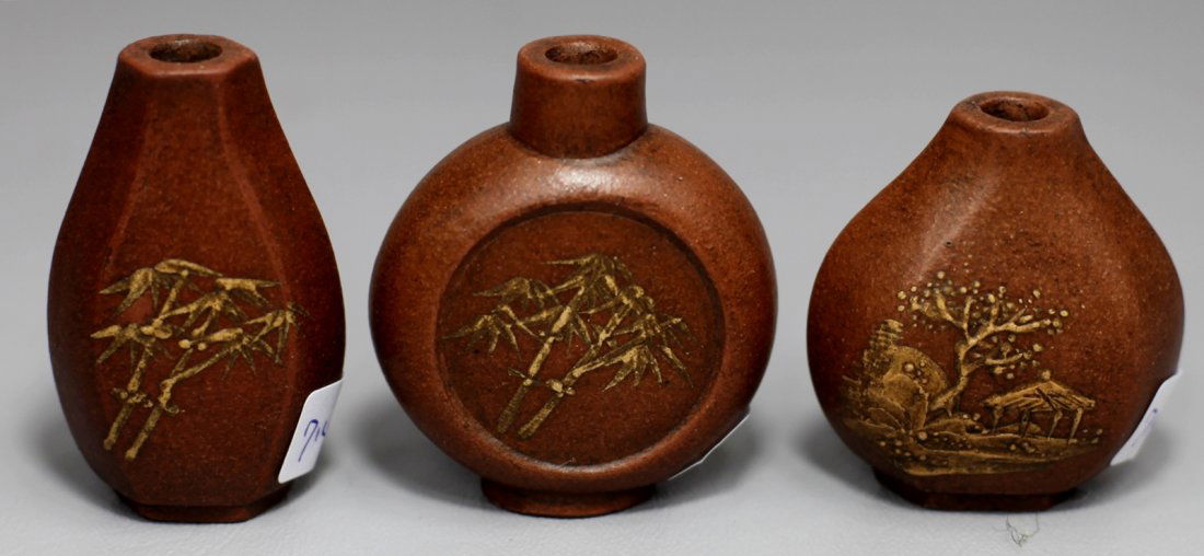 THREE ZISHA SNUFF BOTTLES: H: 2
