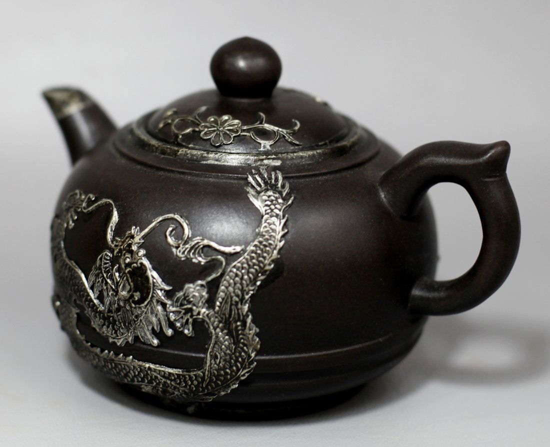 TINNED ZISHA POTTERY TEAPOT: H: 4"