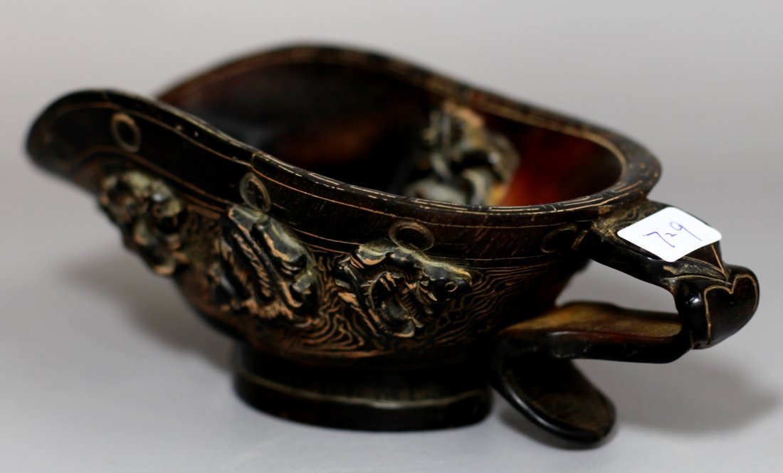 HORN CUP WITH DRAGON MARKS: L: 6.5"