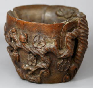 CARVED BAMBOO CUP: Late 19th Century; H: 4.5"