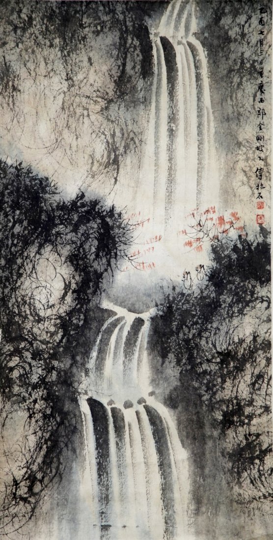 SCROLL OF PAINTING ON PAPER: Attributed to Fu Bao Shi. 34 X 17"