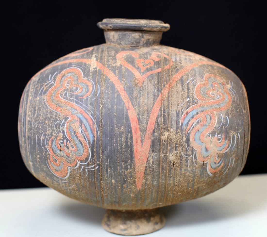 COLOR PAINTING POTTERY POT: Han Dynasty; L: 10.5", H: 9"