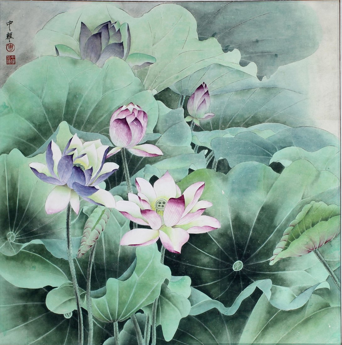 SCROLL PAINTING ON PAPER, BY ZHOU ZHONG YAO: 25*25"