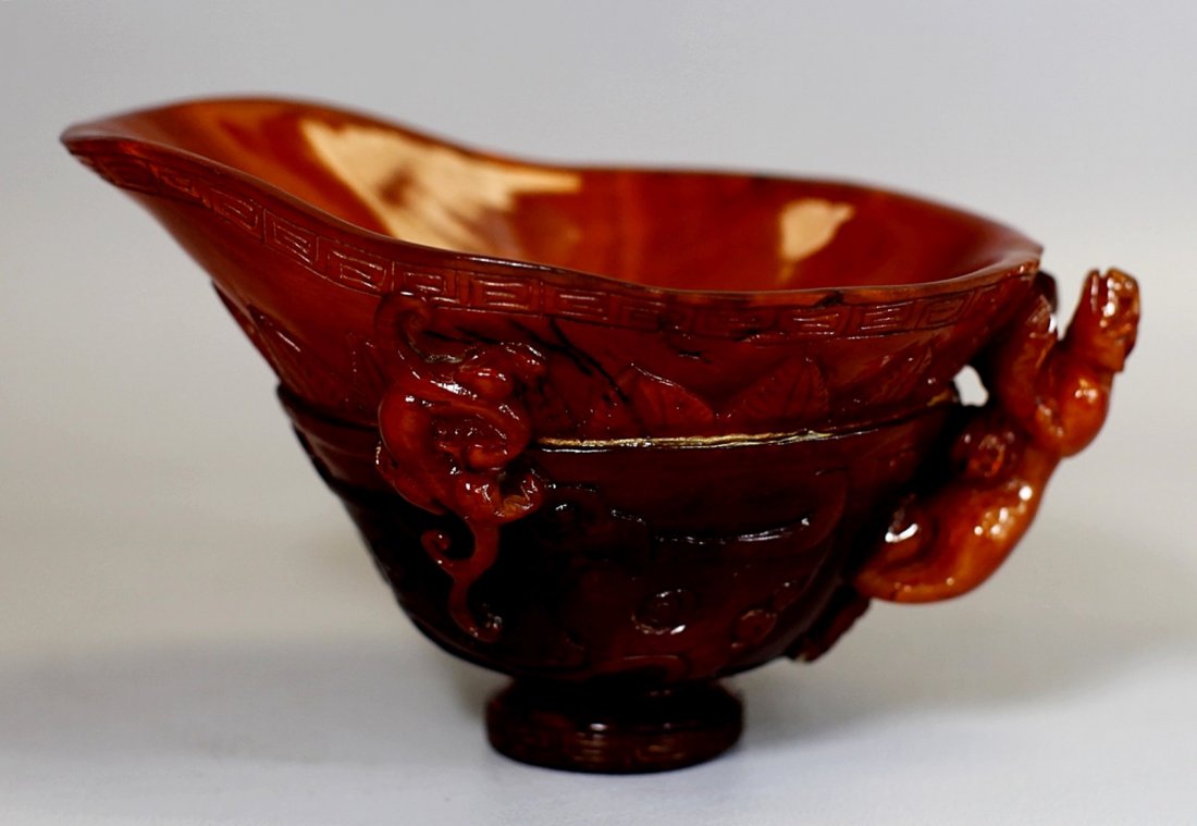 HORN CARVED CUP WITH DRAGON MARKS: 19th Century; H: 4"