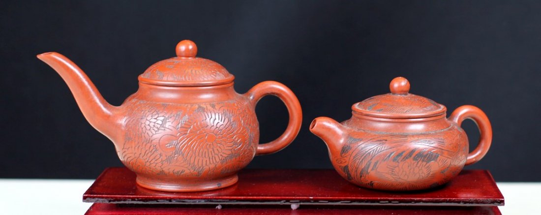 PAIR OF ZISHA POTTORY TEAPOTS: Early 20th Century; H: 2.25-2.75"