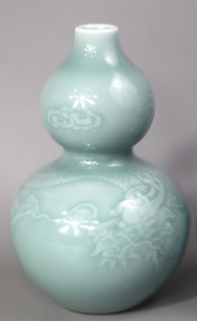 CELADON GLAZED GOURD VASES WITH DRAGON AND CLOUD MARK: Early 20th Century; H: 6"