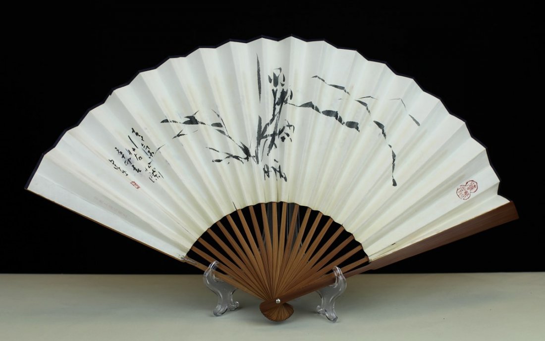 FOLDING FAN WITH PAINTINGNS, ATTRIBUTED TO PAN JIAN-YE: Attributed to Pan Jian Ye. Width: 21.25 inch, Length: 12.75 inch