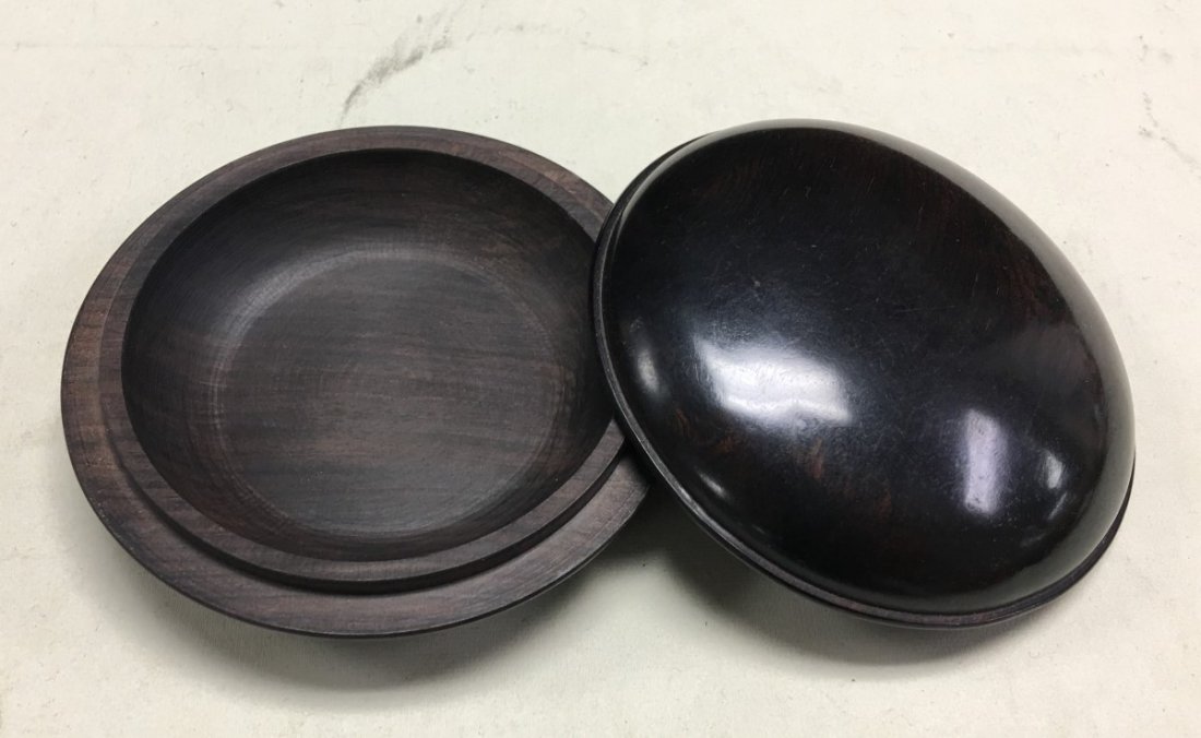 GOLDEN EBONY WOOD COVERED BOX: 1980's. Diameter: 3.5 inch, Height: 1.5 inch