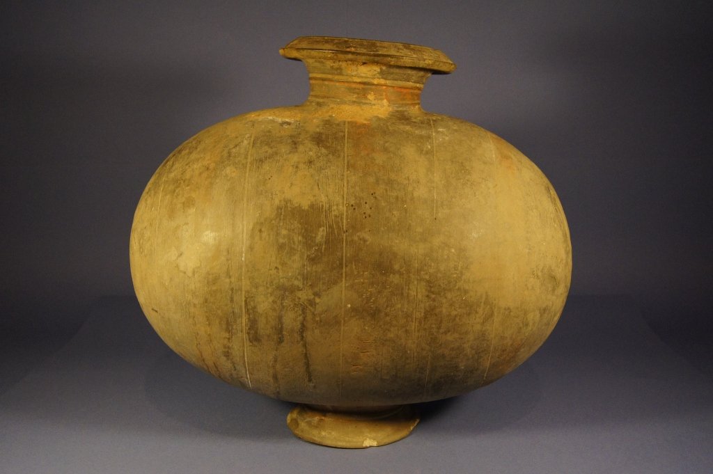Chinese Han Dynasty pottery cocoon vase: Chinese Han Dynasty pottery cocoon vase , H: 31 cm, W: 35 cm