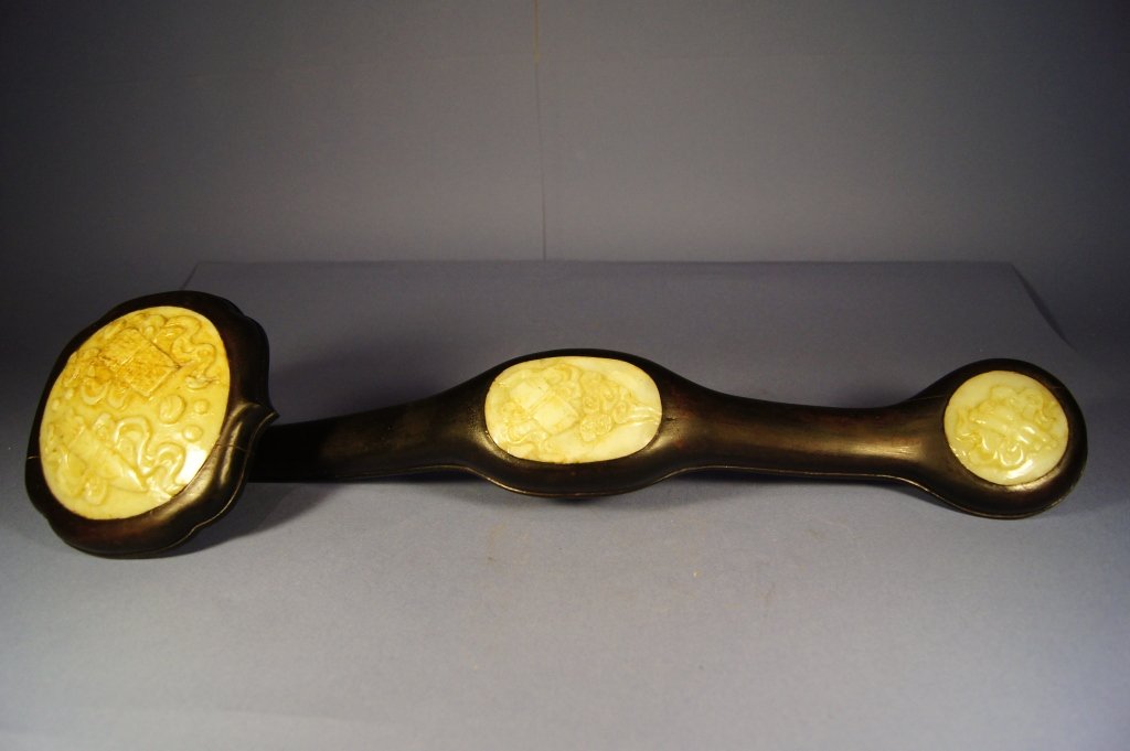 Chinese 19th C Zitan-Jade Ruyi scepter: Chinese 19th C Zitan-Jade Ruyi scepter : one crack at the back of head part ; L: 44.5 cm