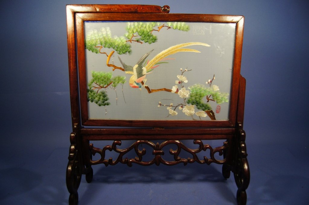 Chinese antique double embroidery table screen: Chinese antique double side embroidery table screen ;