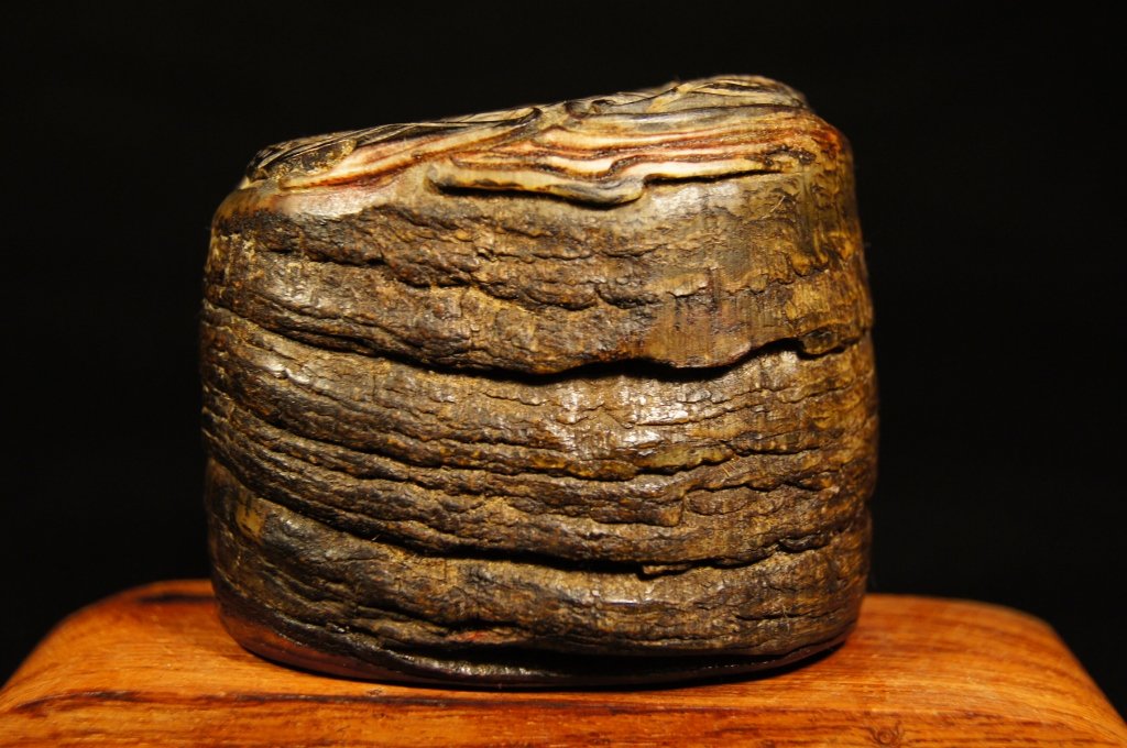 Chinese antique Rhino Horn Seal ; Qing Dynasty: A Rhino Horn Seal, Qing Dynasty Of oval form, surmounted by two bats facing each other, nine-character seal on base, fragrant Asian rhino horn "smells fishy", 19th century, 6 cm high. Compare the two 