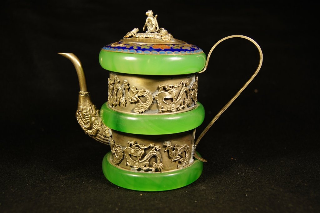 Chinese antique jade an silver tea pot: Chinese antique jade an silver tea pot ; monkey on top and dragons ; silver mark ; H: 12.5 cm