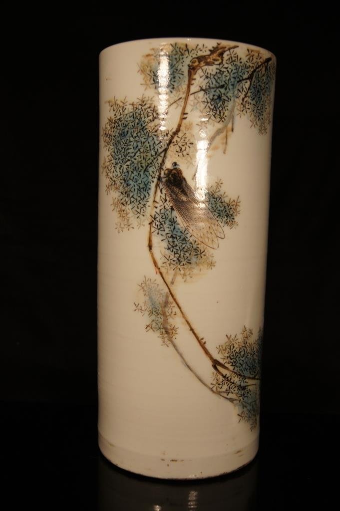 Chinese antique porcelain brush holder: Chinese antique porcelain brush holder ; Calligraphy ; sign and seal ;