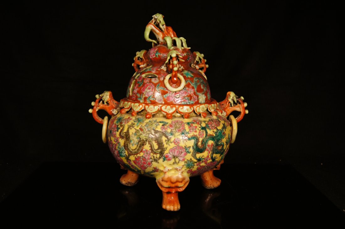 Chinese Rare Famille rose tri pod censor ; Qian Long (1 of 8)