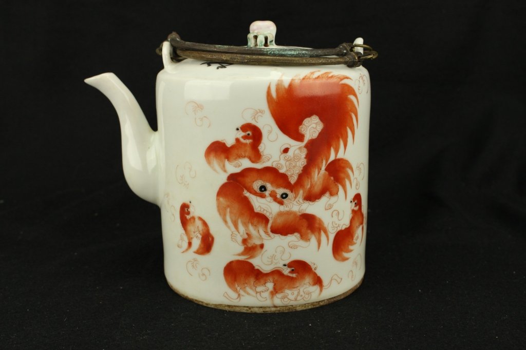Chinese antique porcelain tea pot ; double metal (1 of 6)