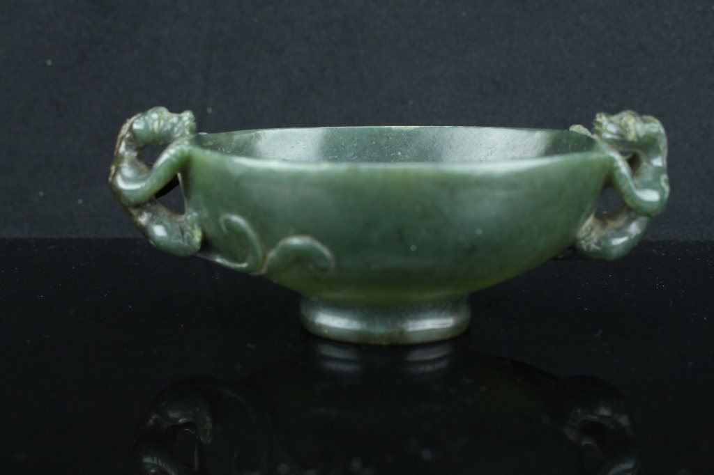 Chinese Spinach green jade bowl with two Dragon handles (1 of 4)
