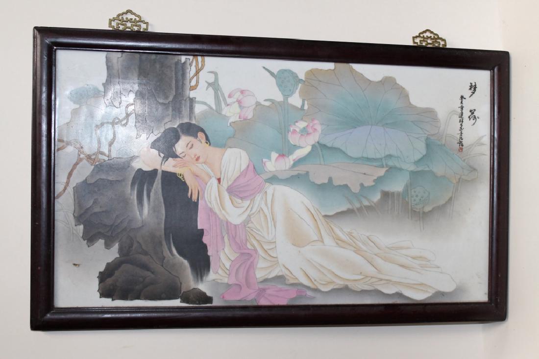 Chinese Painted Porcelain Tile in Frame (1 of 3)