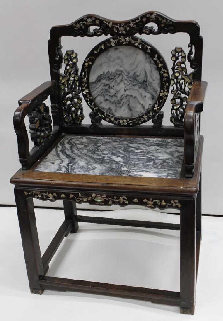 Highly Carved Chinese Wood & Marble Chair (1 of 4)