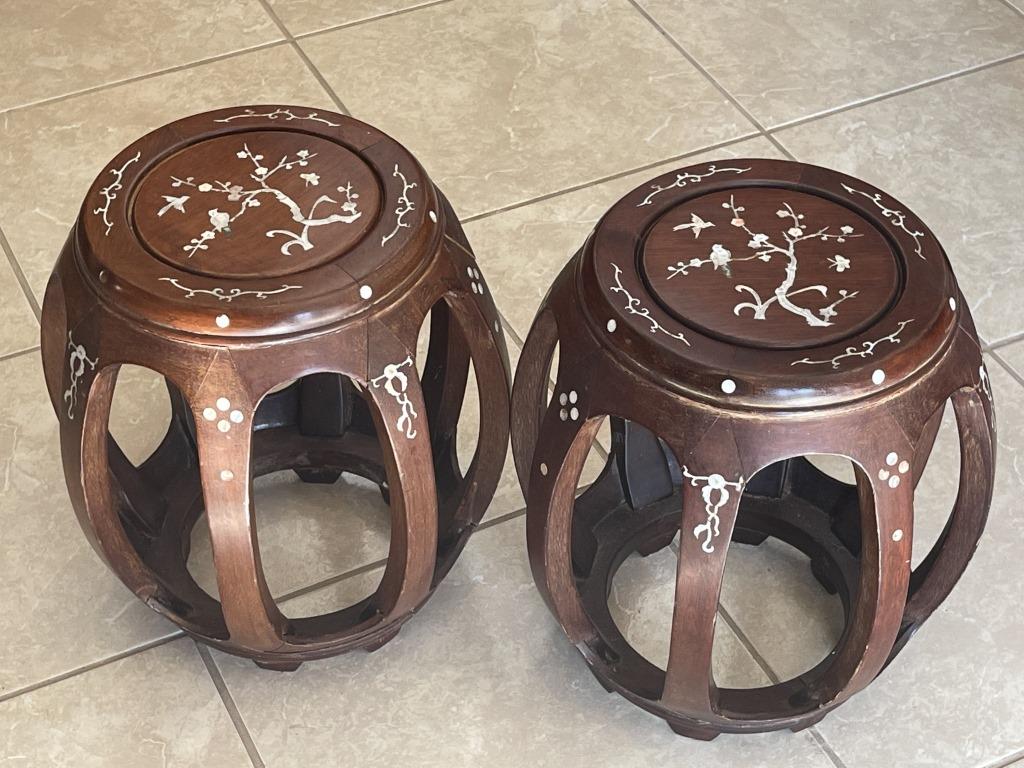 A Pair of Mother-of-Pearl Inlaid Wood Stools: Height: 46cm