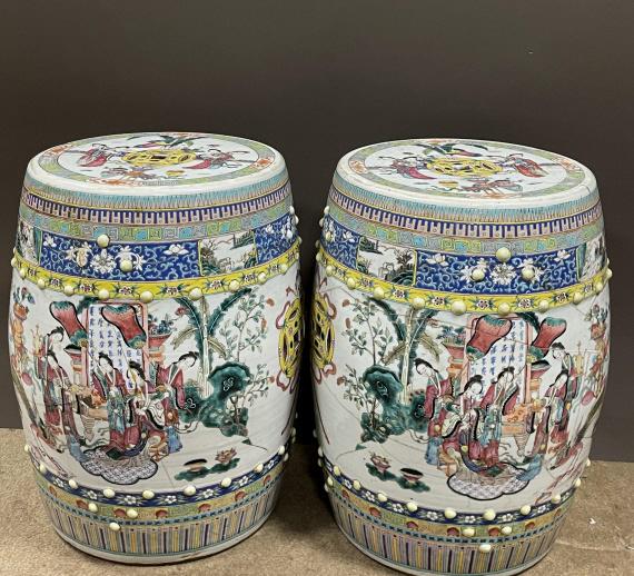 A Pair of Fencai 'Ladies' Garden Stools, Qing Dyna: A Pair of Fencai 'Ladies' Garden Stools, Qing Dynasty