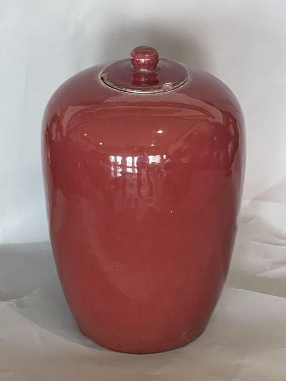 A Sacrificial Red Jar and Cover: H: 34cm