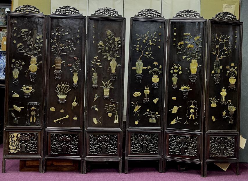 A Set Of Six Jade Inlaid Hard Wood 'bogu' Panels (1 of 2)