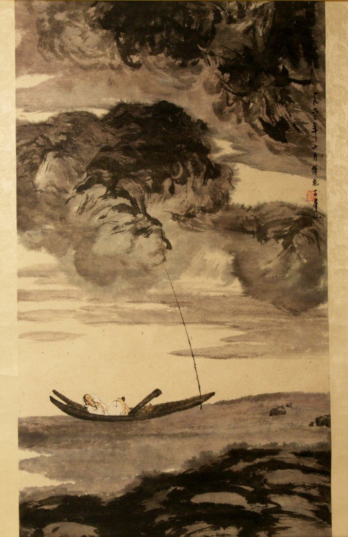 A Modern Chinese Painting - Sailing: Fu Baoshi ( 1904 - 1965 ) Hanging scroll now framed, ink and color on paper, signed by the artist with inscription, one seal of the artist. Ex-collection from a local collector purchased from New York