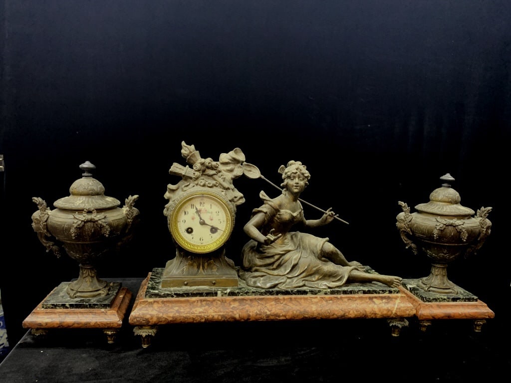 Bronze Statues & Clock W 2 Bronze Jars (1 of 2)