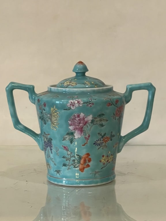 A Turquoise-ground Famille Rose 'flower' Cup With: Size: 14x18cm