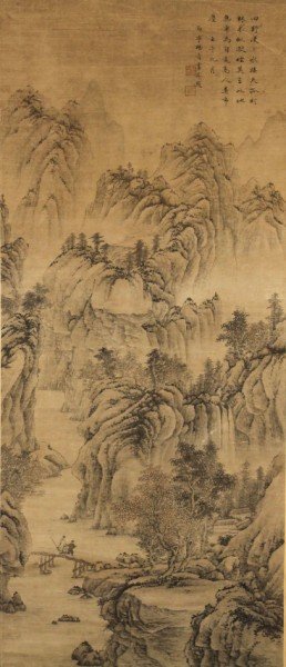Antique Chinese Scroll painting - Landscape: Yang Jin ( 1664 -1728 ) Mountain Landscape Hanging scroll, ink and color on paper, inscribed and signed with two seals of the artist.Size: Scroll 79" x 24.5", Painting 48.5" x 19" Starting Bid: $1200