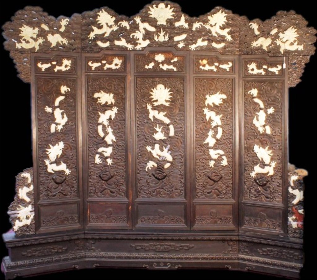 Chinese Four Panel Hardwood Screen: Chinese five-panel hardwood screen: each panel with carved waves and inlayed jade flying dragon,framed by lacquered cloud borders. Length: 110", Height: 94"