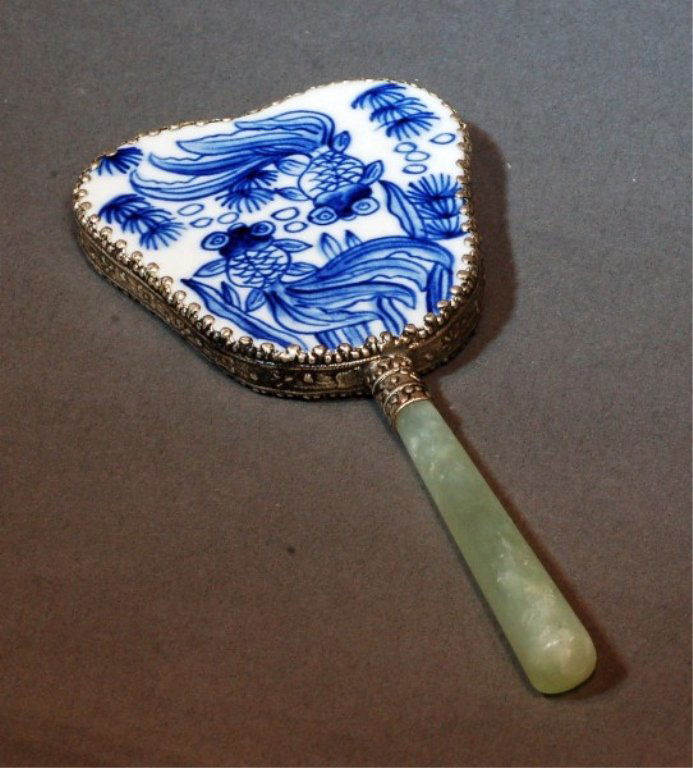 Chinese Blue and White Porcelain Mirror: Chinese blue and white porcelain mirror with jade handle, picture of two gold fish. Size: W3"xL3 1/8" mirror L6 1/2" with handle Starting Bid: 50