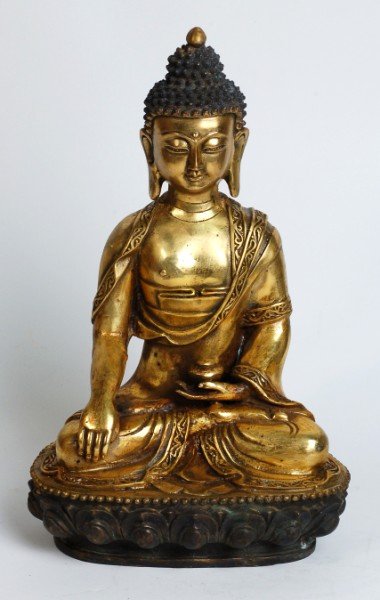 Antique Chinese Bronze Buddha: Well-cast gilt bronze buddha, seating on a lotus-petal plinth. Size 12" x 6.5". Starting Bid: 150