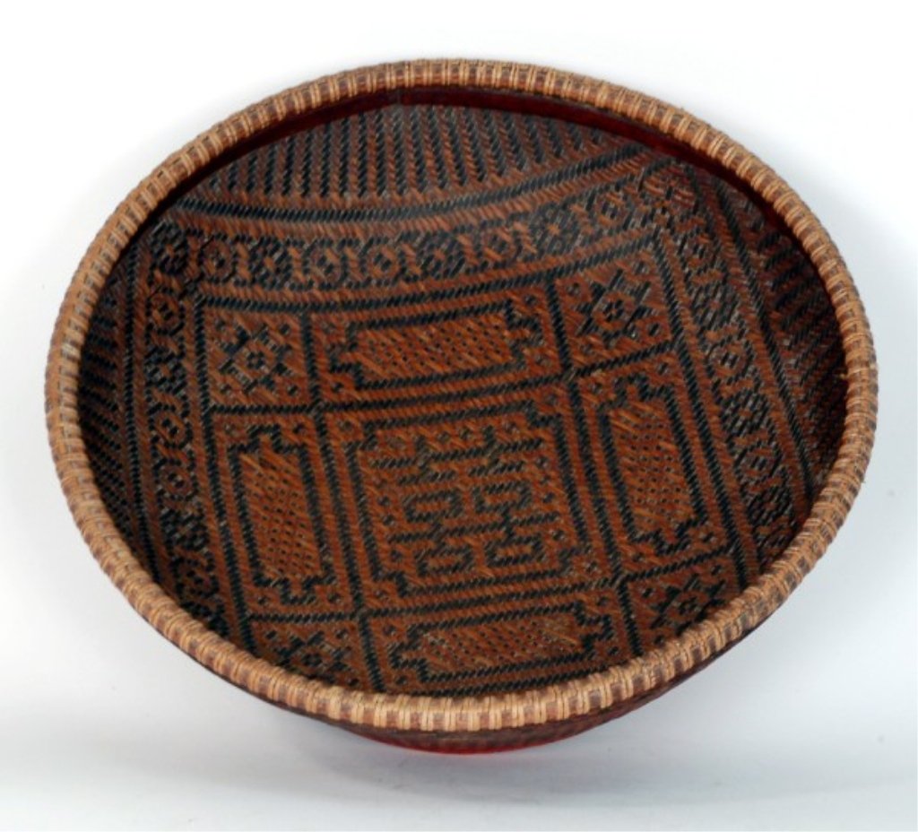 Antique Chinese Bamboo Sewing Basket: An Chinese antique bamboo sewing basket designed interior with character "Xi" and exterior with " Fu" . Qing Dynasty . Diameter: 13.25" , Height: 4". Starting Bid: 50