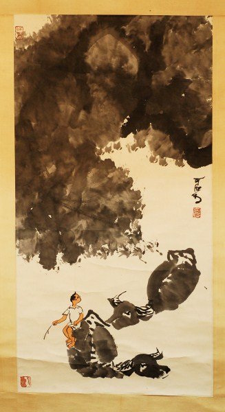 Modern Chinese Painting -- Boy On Buffalo: Li Keran(1907-1989) A modern Chinese painting , ink and color on paper Signed and sealed by artist. scroll: 69 1/2" x 2 1/4 Painting 37 3/4" x 19" Starting Bid: 350