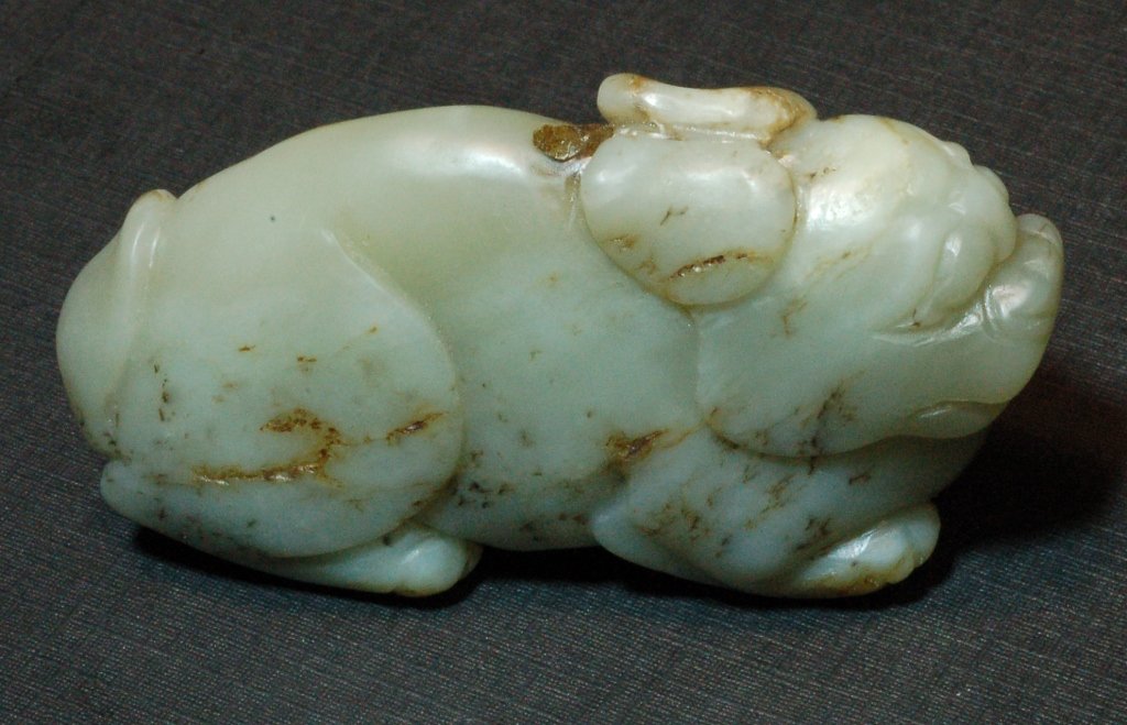 Chinese Qing Jade Pendant -- Badger: Chinese Qing Jade Pendant in the form of a badger . Qing Dynasty. from collection of famous local collector bought during 1950's. Size: L1/2" W 2 1/2" H1 1/2" Starting Bid: 300