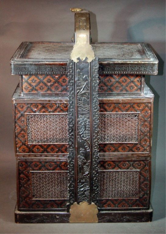 A Lacquered Bamboo Sectional Boxes: A Lacquered Bamboo Sectional Boxes. There are three section boxes with cover, all made of lacquered bamboo with windows on the two large section boxes, the handle is also lacquered bamboo mounted with