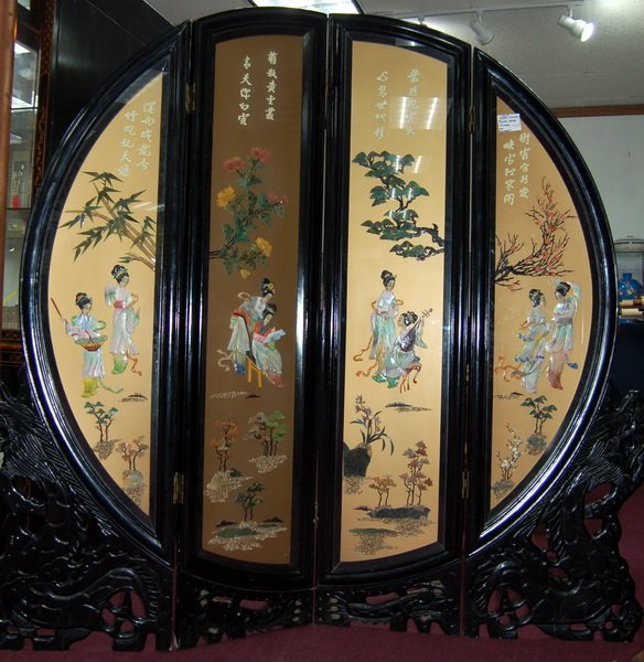 Chinese Four-Panel Moon Screen: Chinese Four-Panel Moon Screen. Featuring highly detailed stone inclusions of red coral, ivory, jade and assorted hardstones. Reverse features decorative painted scenes of Spring on each individual pa
