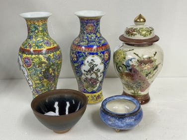 five vases and bowls