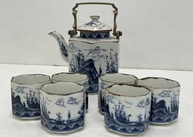 blue and white porcelain teapot and teacup set