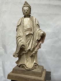 Antique Chinese Pottery Carved and Colored Buddha