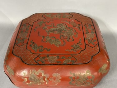 A Gilt And Red Lacquer 'foo Lion' Square Box