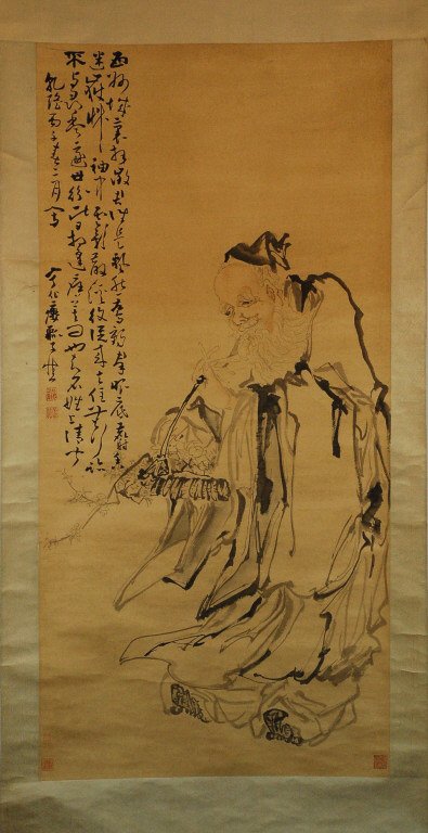 Chinese Scroll Calligraphy Couplet: Qi Baishi ( 1863 - 1957) Seal Script Calligraphy Couplet Hanging scroll, ink on paper, inscribed and signed with two seals of the artist. part of old collection from a local collector bought during 19