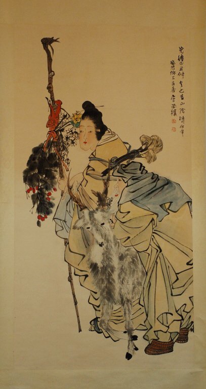 Chinese Hanging Scroll - Immortal And Lady: Ren Yi ( Ren BaoNien 1810-1896) The immortal and lady, hanging scroll, ink and color on paper, dated and signed with an inscription, two seals of the artist. From the collection of a local collector b