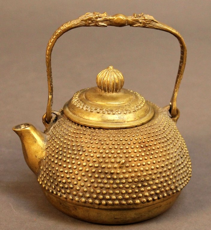 Ornate Yellow Copper Teapot: Ornate Yellow Copper Teapot. Size: H5" W 5" Starting Bid: 50