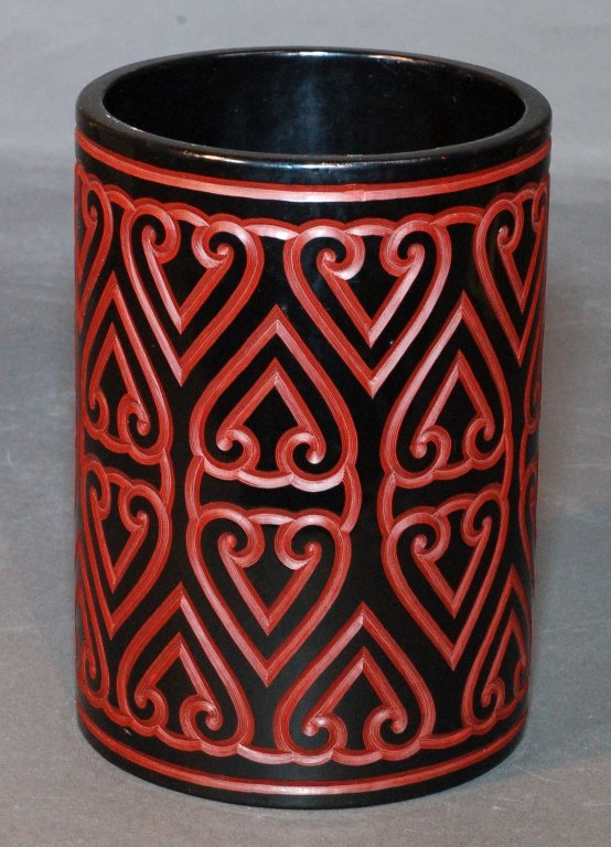 Chinese Lacquer Pen Holder: Chinese Lacquer Pen Holder, incised design reveals 7 layers. Size: D5 1/2", H8" Starting Bid: 50